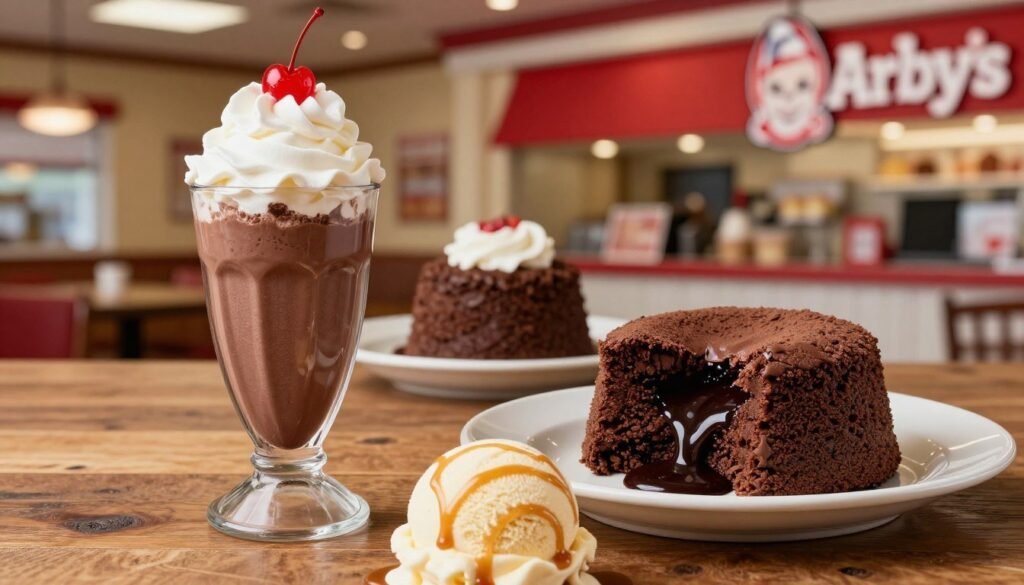 A beautifully arranged display of Arby's dessert specials, featuring a rich chocolate shake topped with whipped cream and a cherry, alongside a warm chocolate molten lava cake with a gooey center. In the foreground, place a scoop of creamy vanilla ice cream drizzled with caramel syrup. The middle ground showcases an elegant table setting with a rustic wooden surface. To the background, include a softly blurred image of an Arby’s restaurant, hinting at the brand with its signature colors and logo. The lighting is warm and inviting, capturing the sweetness of the desserts, with a focus on a slight overhead angle to emphasize the textures and details. The overall mood is delightful and appetizing, enticing viewers to indulge in these sweet deals. A beautifully arranged display of Arby's dessert specials, featuring a rich chocolate shake topped with whipped cream and a cherry, alongside a warm chocolate molten lava cake with a gooey center. In the foreground, place a scoop of creamy vanilla ice cream drizzled with caramel syrup. The middle ground showcases an elegant table setting with a rustic wooden surface. To the background, include a softly blurred image of an Arby’s restaurant, hinting at the brand with its signature colors and logo. The lighting is warm and inviting, capturing the sweetness of the desserts, with a focus on a slight overhead angle to emphasize the textures and details. The overall mood is delightful and appetizing, enticing viewers to indulge in these sweet deals.
