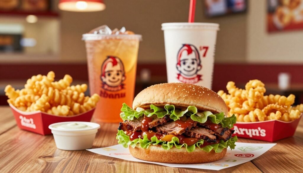 A beautifully arranged display of Arby’s fast food items emphasizing the "2 for $7 Menu" specials. In the foreground, focus on two stacked sandwiches, showcasing their layers of roasted meats, fresh lettuce, and signature sauces, accompanied by crispy curly fries in a branded paper container. In the middle ground, include a vibrant orange beverage in a classic Arby's cup, next to a small dipping sauce container. The background should feature the warm ambiance of an Arby's restaurant with soft, inviting lighting that highlights the food. The composition should capture an appetizing atmosphere, encouraging viewers to indulge in their cravings, with a slightly blurred depth of field for a professional touch. The image should evoke a sense of satisfaction and deliciousness without any text or people. A beautifully arranged display of Arby’s fast food items emphasizing the "2 for $7 Menu" specials. In the foreground, focus on two stacked sandwiches, showcasing their layers of roasted meats, fresh lettuce, and signature sauces, accompanied by crispy curly fries in a branded paper container. In the middle ground, include a vibrant orange beverage in a classic Arby's cup, next to a small dipping sauce container. The background should feature the warm ambiance of an Arby's restaurant with soft, inviting lighting that highlights the food. The composition should capture an appetizing atmosphere, encouraging viewers to indulge in their cravings, with a slightly blurred depth of field for a professional touch. The image should evoke a sense of satisfaction and deliciousness without any text or people.