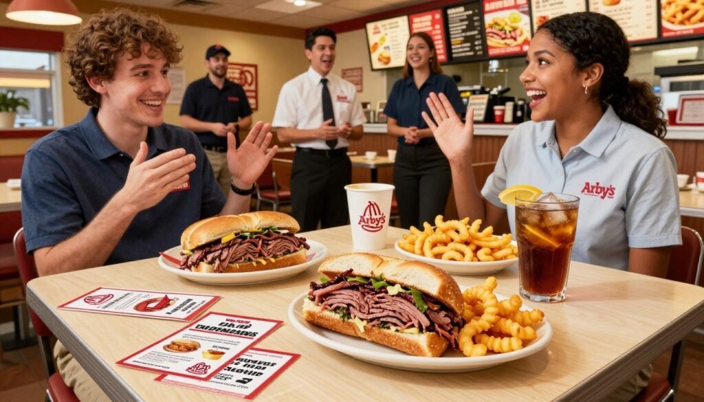 A dynamic view of an Arby's restaurant interior featuring a beautifully arranged table with a selection of delicious menu items on display. In the foreground, showcase a classic roast beef sandwich, crispy curly fries, and a refreshing drink in stylish glassware. Add coupons and promotional flyers artfully scattered around the table to evoke a sense of savings and deals. In the middle ground, depict friendly staff in professional uniforms, engaging with customers excitedly. The background presents a cozy and inviting restaurant atmosphere with warm lighting, soft wood accents, and vibrant menu boards. Use a bright, cheerful color palette to convey a sense of joy and anticipation. Capture the image from a slight overhead angle to provide a comprehensive view of the scene. A dynamic view of an Arby's restaurant interior featuring a beautifully arranged table with a selection of delicious menu items on display. In the foreground, showcase a classic roast beef sandwich, crispy curly fries, and a refreshing drink in stylish glassware. Add coupons and promotional flyers artfully scattered around the table to evoke a sense of savings and deals. In the middle ground, depict friendly staff in professional uniforms, engaging with customers excitedly. The background presents a cozy and inviting restaurant atmosphere with warm lighting, soft wood accents, and vibrant menu boards. Use a bright, cheerful color palette to convey a sense of joy and anticipation. Capture the image from a slight overhead angle to provide a comprehensive view of the scene.