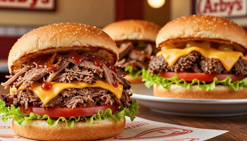A mouthwatering close-up of Arby's secret beef creations, featuring a variety of creatively stacked beef sandwiches. In the foreground, showcase a classic roast beef sandwich with layers of shredded beef, melted cheese, and savory sauces, garnished with fresh lettuce and tomatoes. In the middle, include a unique beef brisket sandwich and a loaded beef and cheddar combination, all on toasted, golden buns. The background should depict a cozy Arby's restaurant interior with warm lighting that creates an inviting atmosphere, emphasizing a sense of indulgence. Capture the scene from a slight angle to highlight the delicious textures and colors of the beef, ensuring that the mood is appetizing and appealing, suggesting a hidden treasure of flavors. A mouthwatering close-up of Arby's secret beef creations, featuring a variety of creatively stacked beef sandwiches. In the foreground, showcase a classic roast beef sandwich with layers of shredded beef, melted cheese, and savory sauces, garnished with fresh lettuce and tomatoes. In the middle, include a unique beef brisket sandwich and a loaded beef and cheddar combination, all on toasted, golden buns. The background should depict a cozy Arby's restaurant interior with warm lighting that creates an inviting atmosphere, emphasizing a sense of indulgence. Capture the scene from a slight angle to highlight the delicious textures and colors of the beef, ensuring that the mood is appetizing and appealing, suggesting a hidden treasure of flavors.