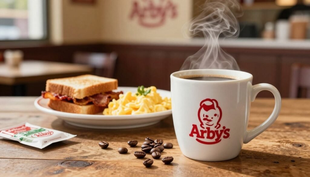 A steaming cup of rich, aromatic coffee from Arby's, placed on a rustic wooden table. The foreground features the coffee cup adorned with the Arby's logo, surrounded by a light scattering of coffee beans and a few sugar packets. In the middle, include a tempting plate of breakfast items like a crispy bacon sandwich and fluffy scrambled eggs, showcasing the breakfast offerings. The background softly blurs a warm, welcoming Arby's restaurant interior with subtle morning light filtering through the windows. Use natural lighting to create a cozy atmosphere, highlighting the steam rising from the coffee. Capture the scene at a 45-degree angle to add depth, conveying a sense of comfort and inviting warmth. A steaming cup of rich, aromatic coffee from Arby's, placed on a rustic wooden table. The foreground features the coffee cup adorned with the Arby's logo, surrounded by a light scattering of coffee beans and a few sugar packets. In the middle, include a tempting plate of breakfast items like a crispy bacon sandwich and fluffy scrambled eggs, showcasing the breakfast offerings. The background softly blurs a warm, welcoming Arby's restaurant interior with subtle morning light filtering through the windows. Use natural lighting to create a cozy atmosphere, highlighting the steam rising from the coffee. Capture the scene at a 45-degree angle to add depth, conveying a sense of comfort and inviting warmth.