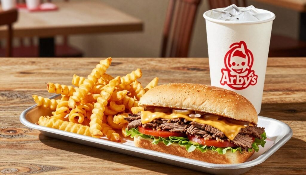 A vibrant Arby's meal combo spread on a rustic wooden table, featuring a classic Arby's roast beef sandwich, stacked with layers of tender meat, melted cheese, and fresh vegetables. Accompanying the sandwich is a large portion of curly fries, golden and crispy, along with a refreshing soft drink in a frosty cup filled with ice. In the background, soft focus reveals Arby's signature branding and colors, creating a warm, inviting atmosphere. The lighting is bright and cheerful, mimicking a sunny day, enhancing the appetizing colors of the food. The angle is slightly top-down, providing a clear view of the meal's details while capturing the essence of a casual dining experience. The overall mood conveys comfort and satisfaction, perfect for a delicious dining experience. A vibrant Arby's meal combo spread on a rustic wooden table, featuring a classic Arby's roast beef sandwich, stacked with layers of tender meat, melted cheese, and fresh vegetables. Accompanying the sandwich is a large portion of curly fries, golden and crispy, along with a refreshing soft drink in a frosty cup filled with ice. In the background, soft focus reveals Arby's signature branding and colors, creating a warm, inviting atmosphere. The lighting is bright and cheerful, mimicking a sunny day, enhancing the appetizing colors of the food. The angle is slightly top-down, providing a clear view of the meal's details while capturing the essence of a casual dining experience. The overall mood conveys comfort and satisfaction, perfect for a delicious dining experience.