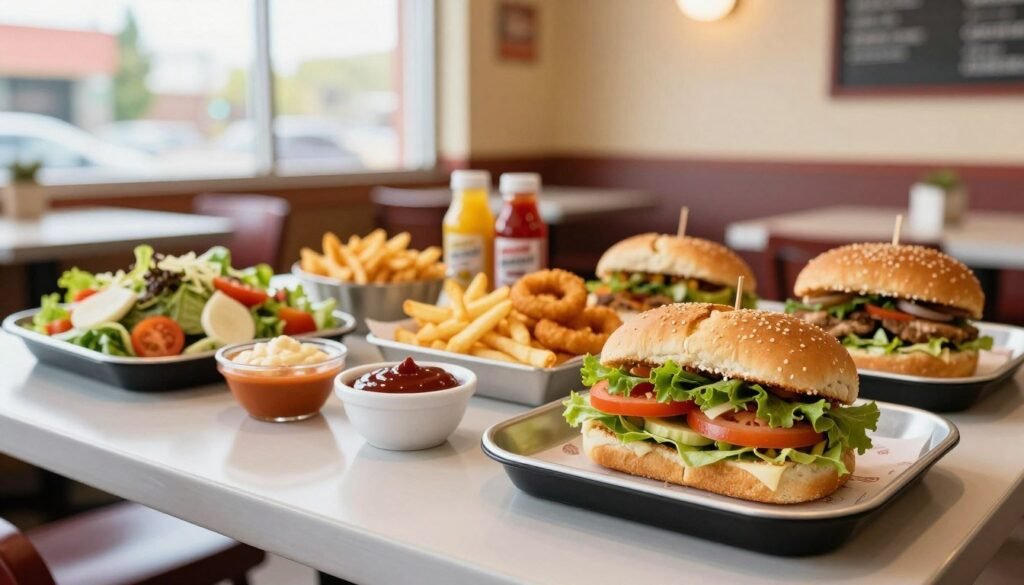 A vibrant and well-organized display of gluten-free options at a fast-food restaurant, featuring an array of colorful salads, gluten-free buns, and delicious sides like crispy fries and onion rings. In the foreground, a tantalizing gluten-free sandwich garnished with fresh ingredients stands out, set on a clean, modern dining table. The middle ground includes a selection of gluten-free sauces and condiments elegantly arranged in small bowls. In the background, you can see a bright and inviting restaurant atmosphere with cheerful decor, focusing on a welcoming vibe. Natural light filters gently through large windows, creating a warm, appetizing glow. The overall mood is healthy and inclusive, catering to diners with gluten sensitivities while maintaining a casual dining experience. A vibrant and well-organized display of gluten-free options at a fast-food restaurant, featuring an array of colorful salads, gluten-free buns, and delicious sides like crispy fries and onion rings. In the foreground, a tantalizing gluten-free sandwich garnished with fresh ingredients stands out, set on a clean, modern dining table. The middle ground includes a selection of gluten-free sauces and condiments elegantly arranged in small bowls. In the background, you can see a bright and inviting restaurant atmosphere with cheerful decor, focusing on a welcoming vibe. Natural light filters gently through large windows, creating a warm, appetizing glow. The overall mood is healthy and inclusive, catering to diners with gluten sensitivities while maintaining a casual dining experience.
