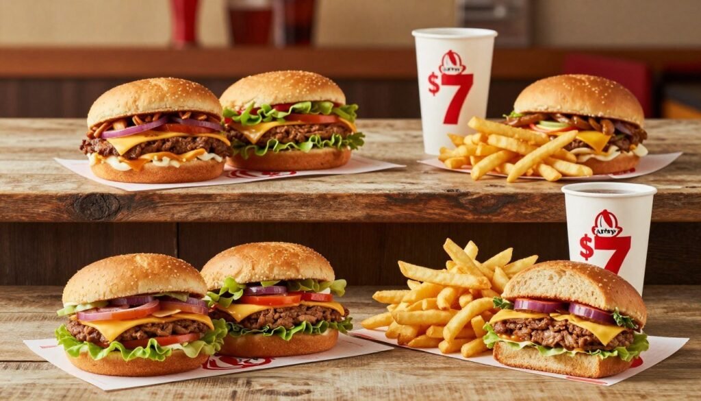 A vibrant comparison of Arby's 2 for $7 menu items displayed on a wooden table. In the foreground, two Arby's sandwiches, crispy fries, and a small drink are artfully arranged, showcasing their textures and colors. The middle layer features a rustic wooden table with a subtle grain that enhances the focus on the food. In the background, a few other fast-food items from different restaurants are faintly visible, emphasizing the comparison without overshadowing the Arby's offerings. Soft, warm lighting casts a cozy atmosphere, inviting viewers to imagine the flavors. The composition is shot from a slight overhead angle to capture the details of both Arby’s items and the surrounding products, creating an inviting mood that appeals to fast-food lovers. A vibrant comparison of Arby's 2 for $7 menu items displayed on a wooden table. In the foreground, two Arby's sandwiches, crispy fries, and a small drink are artfully arranged, showcasing their textures and colors. The middle layer features a rustic wooden table with a subtle grain that enhances the focus on the food. In the background, a few other fast-food items from different restaurants are faintly visible, emphasizing the comparison without overshadowing the Arby's offerings. Soft, warm lighting casts a cozy atmosphere, inviting viewers to imagine the flavors. The composition is shot from a slight overhead angle to capture the details of both Arby’s items and the surrounding products, creating an inviting mood that appeals to fast-food lovers.