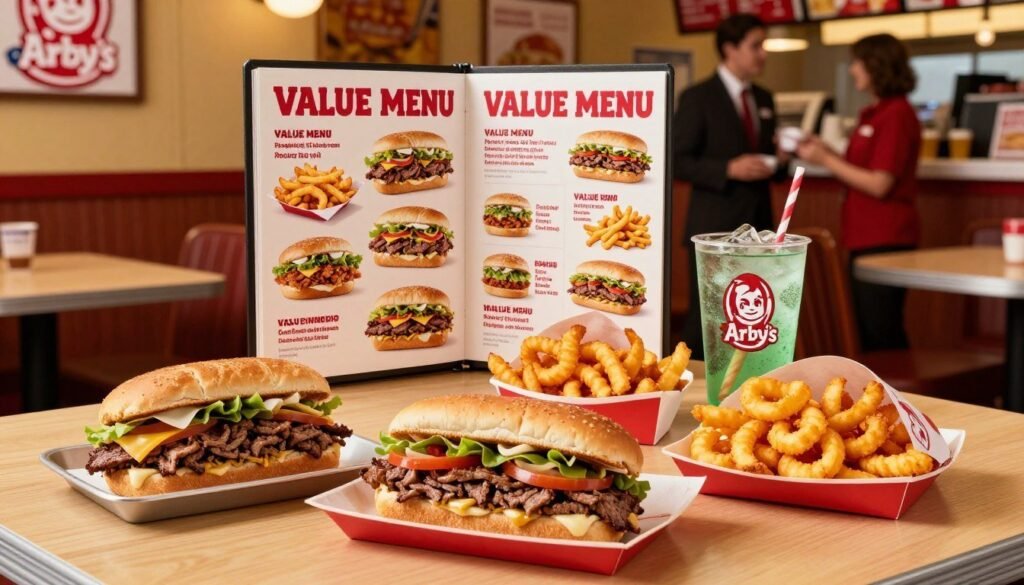 A vibrant, eye-catching table scene showcasing an enticing Arby's Value Menu layout. In the foreground, a neatly arranged spread of various Arby's menu items, including classic roast beef sandwiches, crispy curly fries, and refreshing beverages, all presented on colorful paper wrappers. In the middle ground, a well-lit menu board featuring the Value Menu selections, with vivid images of the food items. The background includes a warm, inviting Arby's restaurant interior, with cozy seating and friendly staff in professional attire. Use soft, warm lighting to create an inviting atmosphere, capturing the essence of affordability and comfort. The angle should be slightly above the table, giving a view of both the food items and the restaurant ambiance, emphasizing the theme of maximizing savings with delicious eats. A vibrant, eye-catching table scene showcasing an enticing Arby's Value Menu layout. In the foreground, a neatly arranged spread of various Arby's menu items, including classic roast beef sandwiches, crispy curly fries, and refreshing beverages, all presented on colorful paper wrappers. In the middle ground, a well-lit menu board featuring the Value Menu selections, with vivid images of the food items. The background includes a warm, inviting Arby's restaurant interior, with cozy seating and friendly staff in professional attire. Use soft, warm lighting to create an inviting atmosphere, capturing the essence of affordability and comfort. The angle should be slightly above the table, giving a view of both the food items and the restaurant ambiance, emphasizing the theme of maximizing savings with delicious eats.
