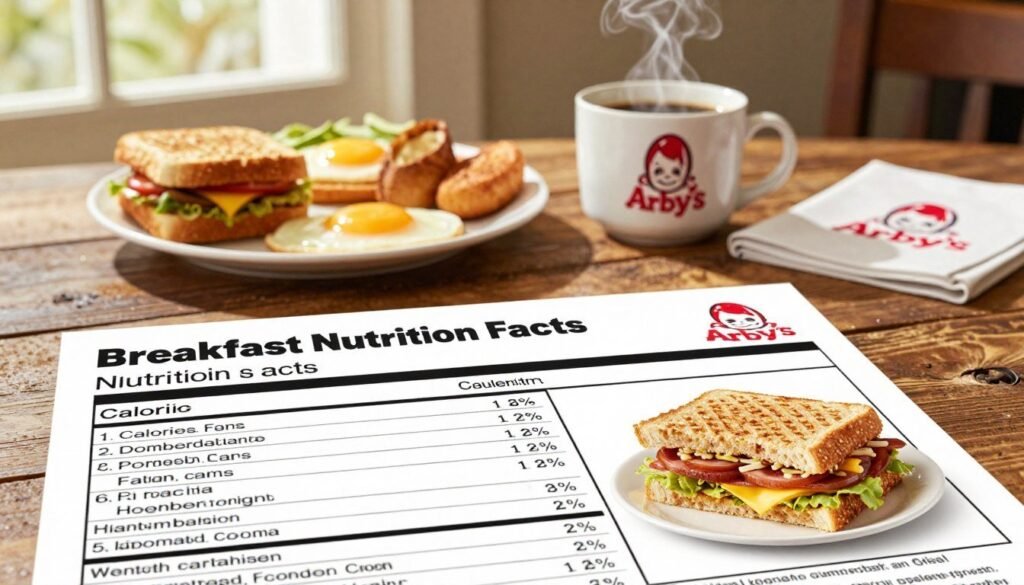 A vibrant, well-organized layout displaying Arby's Breakfast Nutrition Facts. In the foreground, a neatly presented nutrition facts table with detailed information about calories, protein, carbs, and fats, accompanied by appetizing images of popular breakfast items like sandwiches and sides. The middle ground showcases a rustic wooden table setting with a warm, inviting atmosphere, including a steaming cup of coffee next to a delicious breakfast platter. In the background, soft natural lighting filters through a window, creating a cozy breakfast scene, highlighting the Arby's logo subtly placed on a menu or napkin. The overall mood is informative yet inviting, focusing on healthy eating choices. A vibrant, well-organized layout displaying Arby's Breakfast Nutrition Facts. In the foreground, a neatly presented nutrition facts table with detailed information about calories, protein, carbs, and fats, accompanied by appetizing images of popular breakfast items like sandwiches and sides. The middle ground showcases a rustic wooden table setting with a warm, inviting atmosphere, including a steaming cup of coffee next to a delicious breakfast platter. In the background, soft natural lighting filters through a window, creating a cozy breakfast scene, highlighting the Arby's logo subtly placed on a menu or napkin. The overall mood is informative yet inviting, focusing on healthy eating choices.