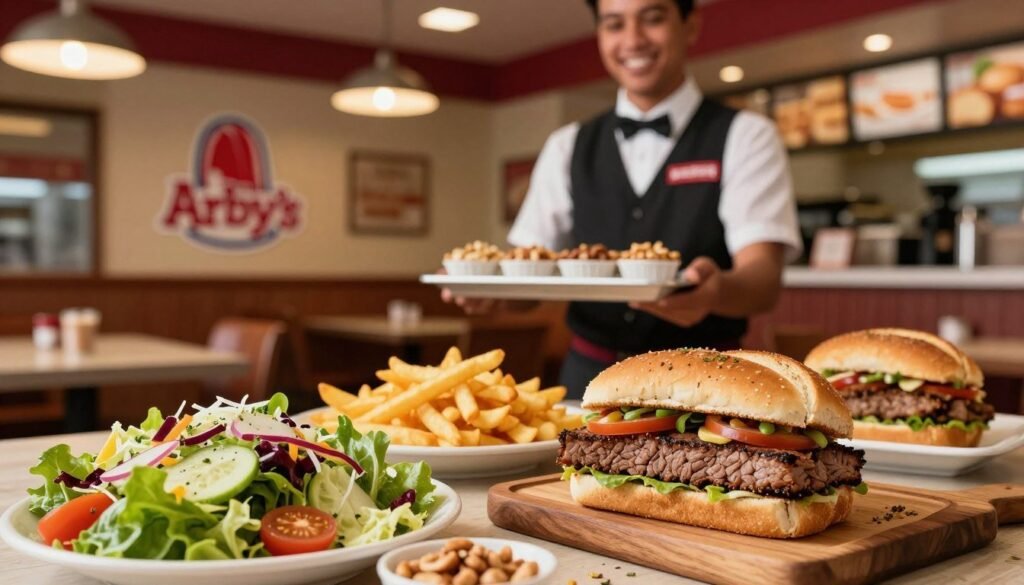 A visually appealing display of nut-free dining options at Arby's, featuring an inviting arrangement of various menu items. In the foreground, a colorful assortment of fresh salads, crispy fries, and a classic roast beef sandwich on a wooden serving board, garnished with herbs. In the middle ground, a friendly server in a professional uniform presents a tray of nut-free options, smiling. The background shows the cozy interior of an Arby's restaurant, with warm lighting highlighting the food. The atmosphere is welcoming and reassuring, emphasizing health and safety. Use soft focus on the background to enhance the food as the main focal point, shot from a slightly elevated angle to capture depth and detail. A visually appealing display of nut-free dining options at Arby's, featuring an inviting arrangement of various menu items. In the foreground, a colorful assortment of fresh salads, crispy fries, and a classic roast beef sandwich on a wooden serving board, garnished with herbs. In the middle ground, a friendly server in a professional uniform presents a tray of nut-free options, smiling. The background shows the cozy interior of an Arby's restaurant, with warm lighting highlighting the food. The atmosphere is welcoming and reassuring, emphasizing health and safety. Use soft focus on the background to enhance the food as the main focal point, shot from a slightly elevated angle to capture depth and detail.