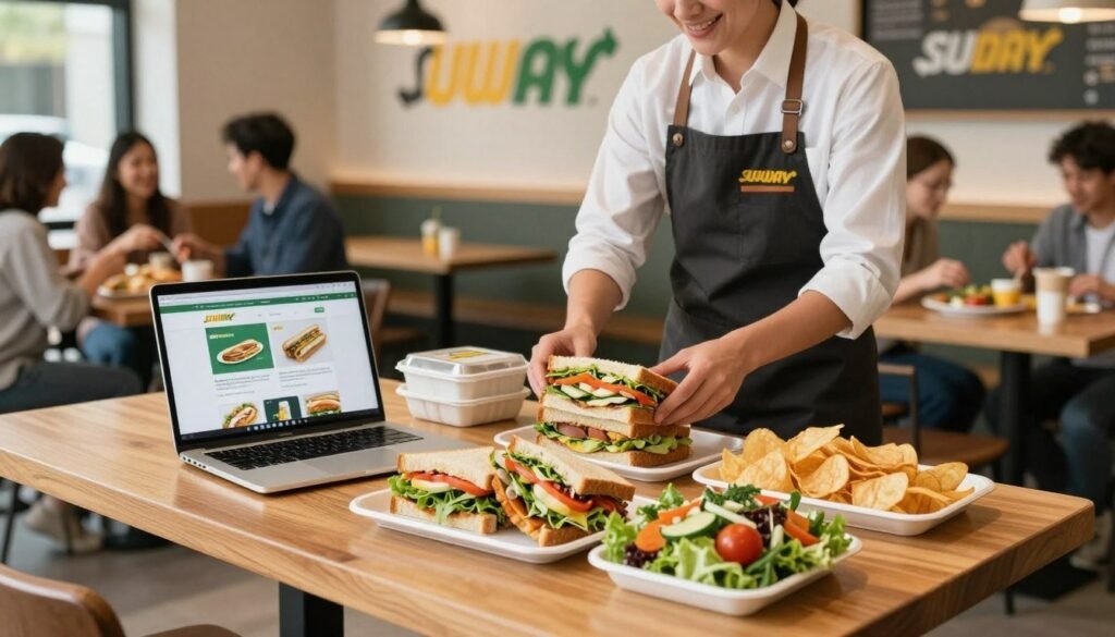 A warm, inviting indoor setting showcasing a well-organized Subway catering order on a modern wooden table. In the foreground, a colorful spread of fresh sandwiches, vibrant salads, and chips displayed beautifully on elegant trays. A laptop with an open Subway catering website is positioned nearby, emphasizing online ordering. The middle ground features a friendly, professional individual in business attire, gathering items for the order. Soft, natural lighting illuminates the scene, creating an appealing atmosphere. In the background, a cozy café with subtle Subway branding and a subtle view of happy customers enjoying their meals. The overall mood is cheerful and welcoming, perfect for event planning.