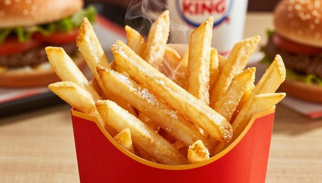 A close-up of a steaming, golden serving of Burger King fries, artfully arranged in a red and gold branded paper container. The fries are crisp and lightly salted, glistening under warm, natural lighting that enhances their texture. In the background, blurred silhouettes of other menu items such as burgers and drinks hint at the fast-food atmosphere. The table setting features a simple diner-style wood or laminate surface, evoking a casual yet inviting mood. Capture the scene from a slightly elevated angle, focusing on the fries as the main subject, ensuring the deliciousness and appeal are prominent. No text or branding overlays, just the fries in all their appetizing glory. A close-up of a steaming, golden serving of Burger King fries, artfully arranged in a red and gold branded paper container. The fries are crisp and lightly salted, glistening under warm, natural lighting that enhances their texture. In the background, blurred silhouettes of other menu items such as burgers and drinks hint at the fast-food atmosphere. The table setting features a simple diner-style wood or laminate surface, evoking a casual yet inviting mood. Capture the scene from a slightly elevated angle, focusing on the fries as the main subject, ensuring the deliciousness and appeal are prominent. No text or branding overlays, just the fries in all their appetizing glory.
