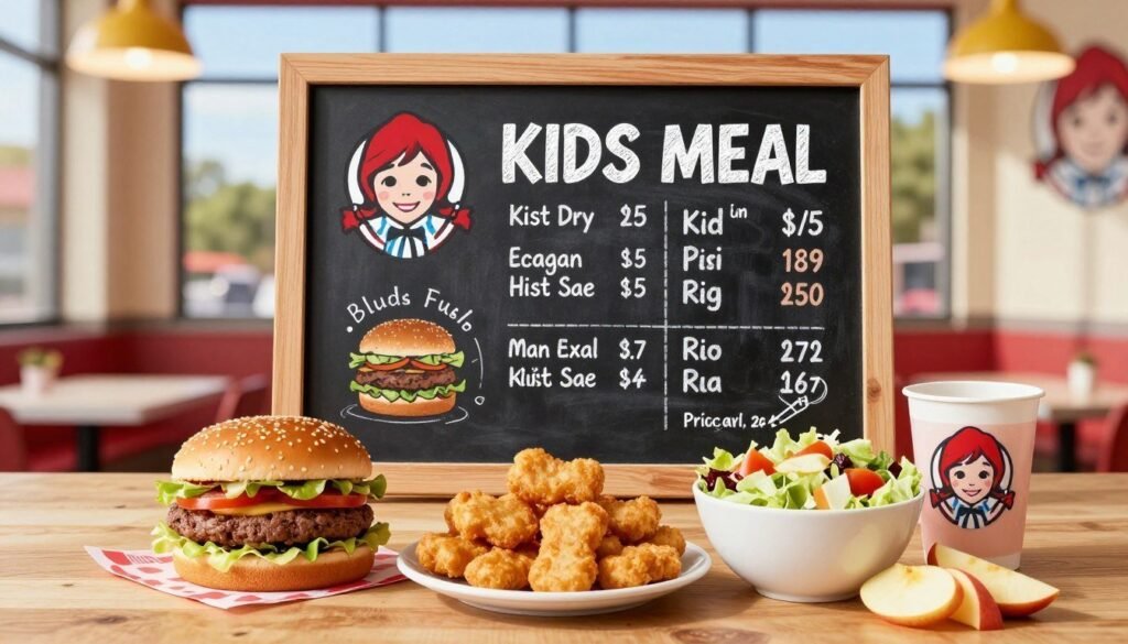 A colorful, inviting display of Wendy's Kids Meal pricing, featuring a cheerful, family-friendly restaurant setting. In the foreground, an assortment of delicious Kids Meals arranged neatly on a wooden table: a juicy hamburger, chicken nuggets, and a crisp salad with vibrant sides like apple slices and a small drink. In the middle, a chalkboard menu with hand-drawn illustrations of the meals and their prices, exuding a playful and whimsical vibe. The background features a bright, cheerful interior of a Wendy's restaurant, with soft, natural lighting filtering through large windows, casting warm glows on the meals. The overall mood is friendly and welcoming, appealing to families and children alike, capturing the essence of value and wholesome eating options.