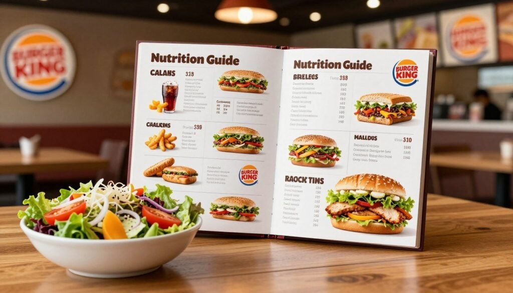 A detailed Burger King nutrition guide displayed prominently, showing a variety of healthy menu options. In the foreground, a colorful, vibrant salad with fresh vegetables and a grilled chicken sandwich, highlighting nutritious choices. The middle section features a sleek, open nutrition guide with sections on calorie counts and dietary information, laid on a wooden table for a natural look. In the background, a blurred Burger King restaurant interior with warm, inviting lighting creates an atmosphere of comfort and casual dining. The frame captures a professional setting, with soft focus and warm tones, suggesting a focus on healthy eating. The overall mood is informative and encouraging, perfect for highlighting special dietary needs at Burger King.