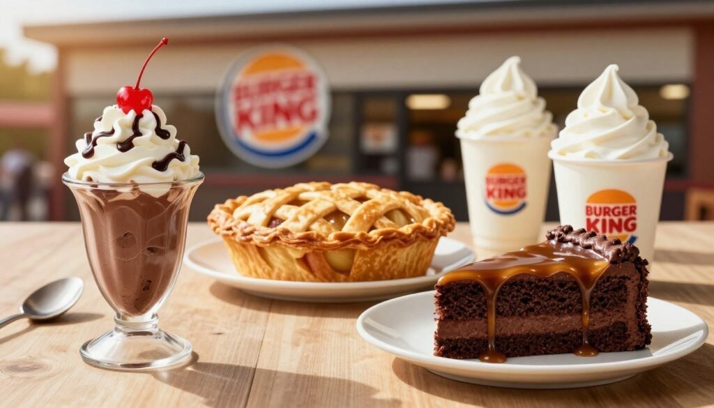 A tempting display of Burger King desserts in a bright, inviting setting. In the foreground, feature a variety of iconic desserts, such as a chocolate ice cream sundae topped with whipped cream and a cherry, and a slice of rich chocolate cake drizzled with caramel sauce. The middle ground can include a warm, flaky apple pie with a lattice crust and a serving of soft serve ice cream on the side. In the background, a stylized Burger King restaurant can be softly blurred to provide context. The lighting should be warm and natural, mimicking golden hour to enhance the inviting atmosphere. Use a slight overhead angle to capture the desserts' details while keeping the focus on their delicious textures and colors, evoking a sense of indulgence and joy associated with sweet treats at Burger King. A tempting display of Burger King desserts in a bright, inviting setting. In the foreground, feature a variety of iconic desserts, such as a chocolate ice cream sundae topped with whipped cream and a cherry, and a slice of rich chocolate cake drizzled with caramel sauce. The middle ground can include a warm, flaky apple pie with a lattice crust and a serving of soft serve ice cream on the side. In the background, a stylized Burger King restaurant can be softly blurred to provide context. The lighting should be warm and natural, mimicking golden hour to enhance the inviting atmosphere. Use a slight overhead angle to capture the desserts' details while keeping the focus on their delicious textures and colors, evoking a sense of indulgence and joy associated with sweet treats at Burger King.