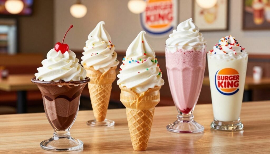 A vibrant and enticing display of Burger King ice cream options, including soft serve cones, sundaes topped with colorful sprinkles, and delicious milkshakes in various flavors. In the foreground, place a tall, indulgent cup of chocolate fudge sundae, garnished with whipped cream and a cherry on top. In the middle, feature a classic soft serve ice cream cone, glossy and inviting, and a strawberry milkshake with a swirl of whipped cream. The background should showcase a cozy, well-lit Burger King interior, emphasizing a warm, inviting atmosphere. Use soft, natural lighting to enhance the creamy textures of the desserts. Capture the scene from a slightly elevated angle to provide a full view of the desserts, creating a mouthwatering, inviting presentation.