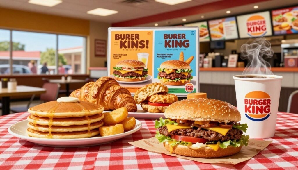 A vibrant depiction of a Burger King breakfast meal, featuring a variety of enticing breakfast options like pancakes, hash browns, and croissants stacked on a red-checkered tablecloth. In the foreground, a steaming cup of coffee sits next to a delicious-looking breakfast sandwich, its ingredients vividly displayed. The middle ground showcases a colorful display of promotional posters featuring the latest breakfast deals, along with an array of side items arranged artfully. The background presents a bright and welcoming Burger King restaurant interior, with warm, natural lighting highlighting the cleanliness and inviting atmosphere. The scene has a cheerful and appetizing mood, making it perfect for enticing customers to try the breakfast menu. Use a slightly elevated angle for a dynamic view of the breakfast spread.