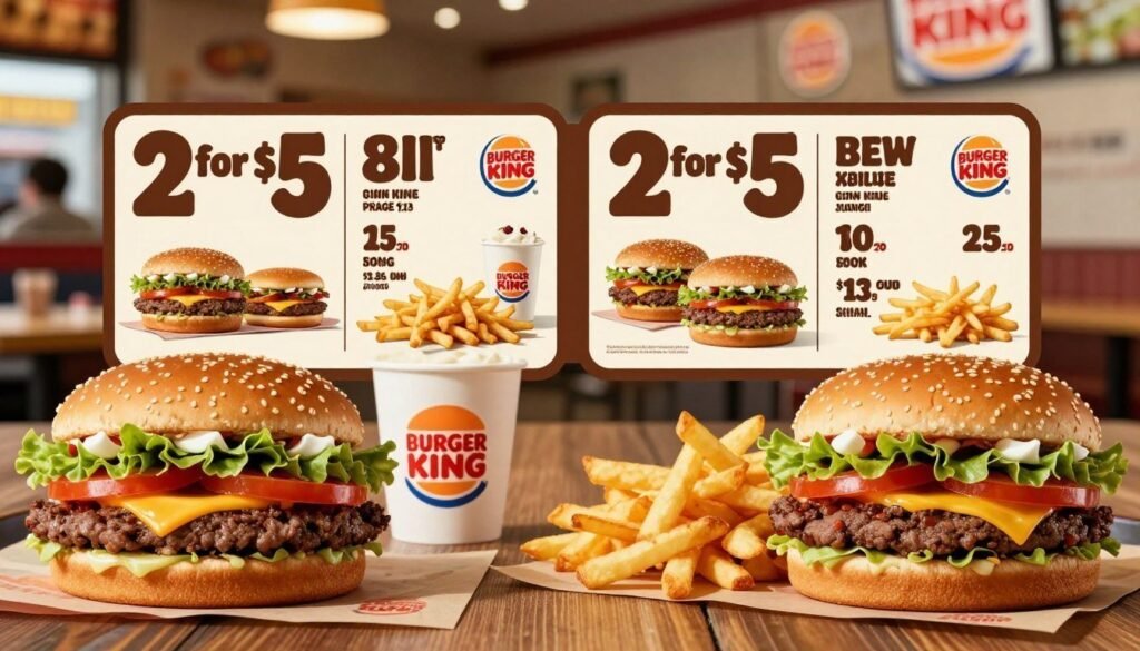 A vibrant, detailed image comparing Burger King’s 2 for $5 menu items with similar offerings from competitors. In the foreground, showcase appetizing burgers and fries from the value menu, perfectly layered with toppings and side dishes, illuminated with soft, natural lighting to enhance their freshness. In the middle ground, display a well-organized side-by-side comparison of pricing cards and menu graphics, subtly featuring Burger King's signature colors. The background should be a blurred fast-food restaurant interior, conveying a casual and inviting atmosphere. Use a slight top-down angle to capture both the food items and pricing, emphasizing the value proposition. The mood should be cheerful and enticing, capturing the essence of a quick culinary comparison in a dynamic dining setting.