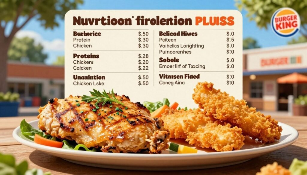 A visually appealing depiction of a Burger King nutritional information chart featuring nutritious chicken and fish options. In the foreground, showcase a detailed plate of grilled chicken and a side of crispy fish fillets, garnished with fresh herbs and colorful vegetables. In the middle, present an illustrated nutritional information chart, clearly displaying calories, protein, and vitamins, with a clean layout for easy reading. The background should consist of a sunny outdoor Burger King setting, with a bright blue sky and green trees, creating a vibrant atmosphere. Use soft, natural lighting to enhance the freshness of the food, captured at eye level to create an inviting and engaging mood. The image must be free of any labels, logos, or text.
