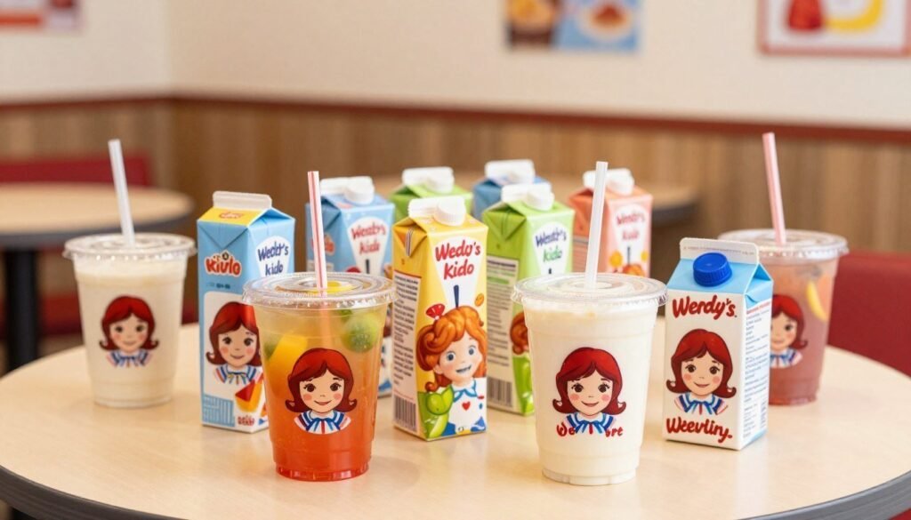 A well-arranged table showcasing Wendy's kid's drinks, featuring colorful cups of milk, juice, and playful kid-friendly beverages. In the foreground, a vibrant cup filled with a fruity drink sits next to a classic milk carton adorned with cheerful graphics. In the middle, a row of juice boxes with fun designs and straws stands out, creating a lively atmosphere. In the background, a blurred view of a fast-food restaurant interior, with soft, warm lighting that creates an inviting and cheerful mood. The scene captures a family-friendly setting, ideal for children, with colorful accents and appealing presentations that attract young customers. Use a slightly elevated perspective to capture the arrangement and highlight the drinks effectively.