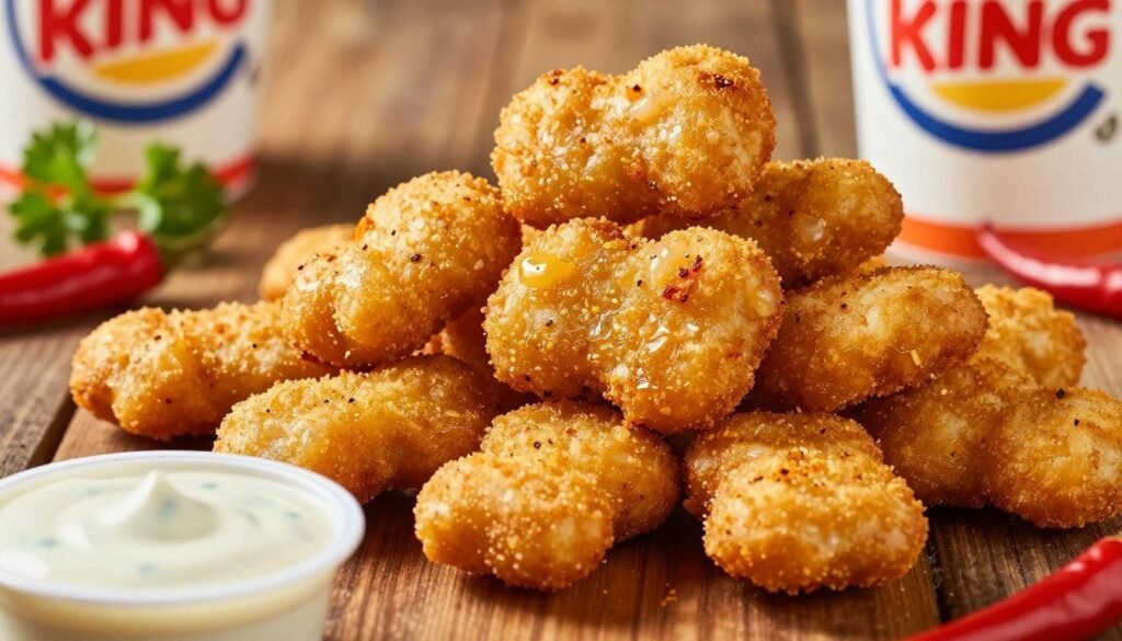 Close-up of a pile of Burger King Fiery Chicken Nuggets, showcasing their crispy, golden-brown exterior with a slight sheen of spicy seasoning glistening under soft, warm lighting. The foreground features a dipping sauce, possibly tangy ranch or fiery buffalo, in a small cup, ready for dipping. In the middle, a rustic wooden table provides a textured surface, while scattered whole chili peppers and fresh green herbs add vibrant colors. In the background, an out-of-focus glimpse of a Burger King restaurant sign suggests a fast-food setting. The mood is lively and inviting, appealing to spicy food lovers. The angle is slightly overhead, emphasizing the delicious details while maintaining a warm and enticing atmosphere. Close-up of a pile of Burger King Fiery Chicken Nuggets, showcasing their crispy, golden-brown exterior with a slight sheen of spicy seasoning glistening under soft, warm lighting. The foreground features a dipping sauce, possibly tangy ranch or fiery buffalo, in a small cup, ready for dipping. In the middle, a rustic wooden table provides a textured surface, while scattered whole chili peppers and fresh green herbs add vibrant colors. In the background, an out-of-focus glimpse of a Burger King restaurant sign suggests a fast-food setting. The mood is lively and inviting, appealing to spicy food lovers. The angle is slightly overhead, emphasizing the delicious details while maintaining a warm and enticing atmosphere.